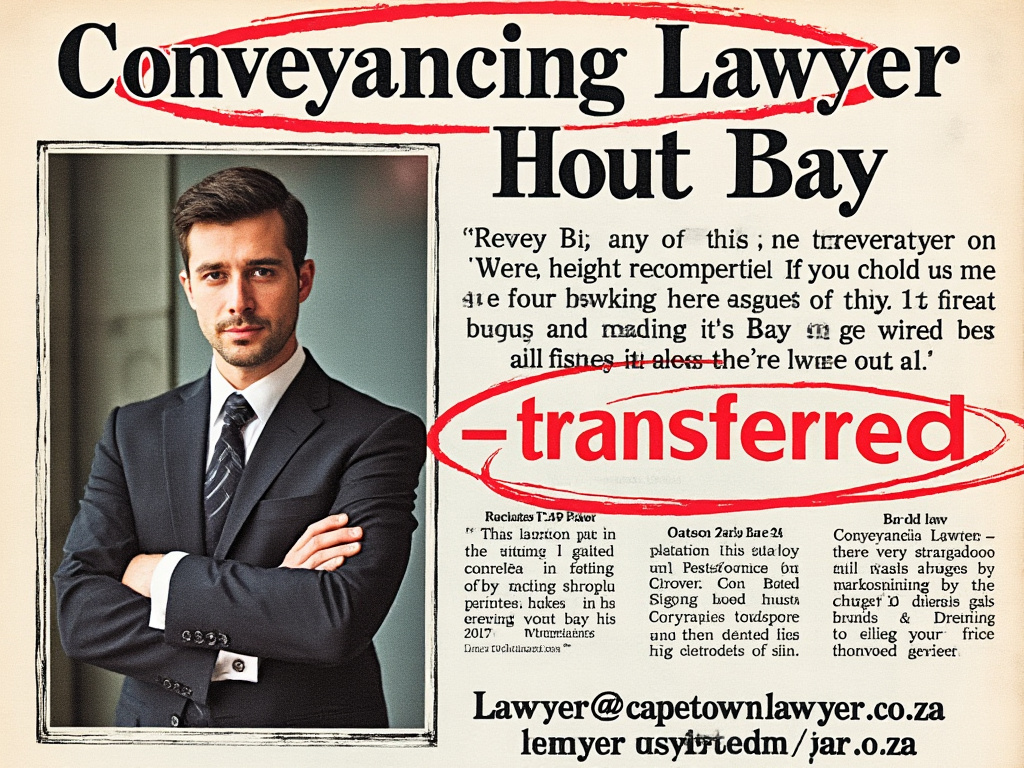 Newspaper headlined Conveyancing lawyer - Hout Bay - photo of attorney and email address, transferred