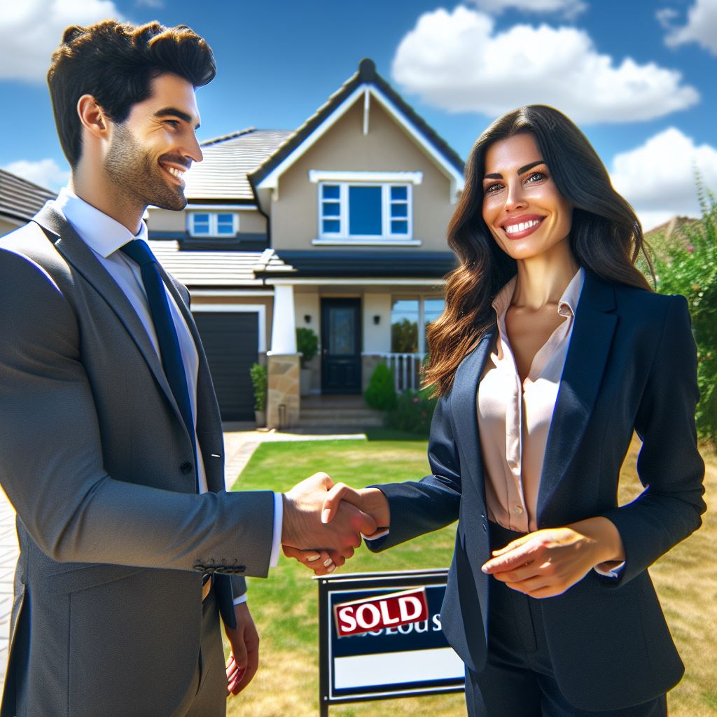 Attorney and seller shaking hands in front of the property sold, to signify their agreement on the conveyancing work and fees to be done.