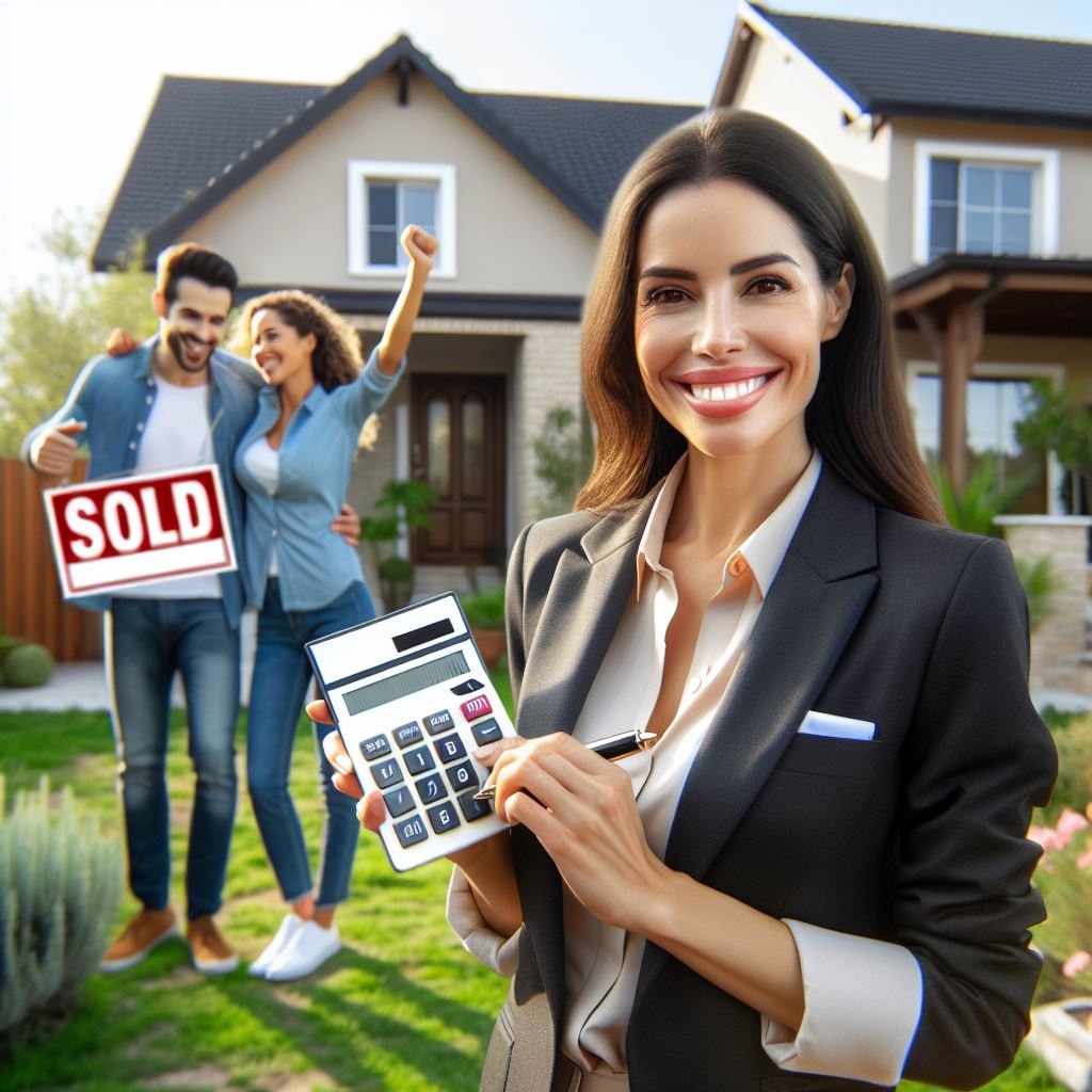 Conveyancing attorney standing in front of a couple celebrating the sale of their house, holding a calculator to symbolise the calculation of the transfer attorney costs, now that they know the sale price of the house.