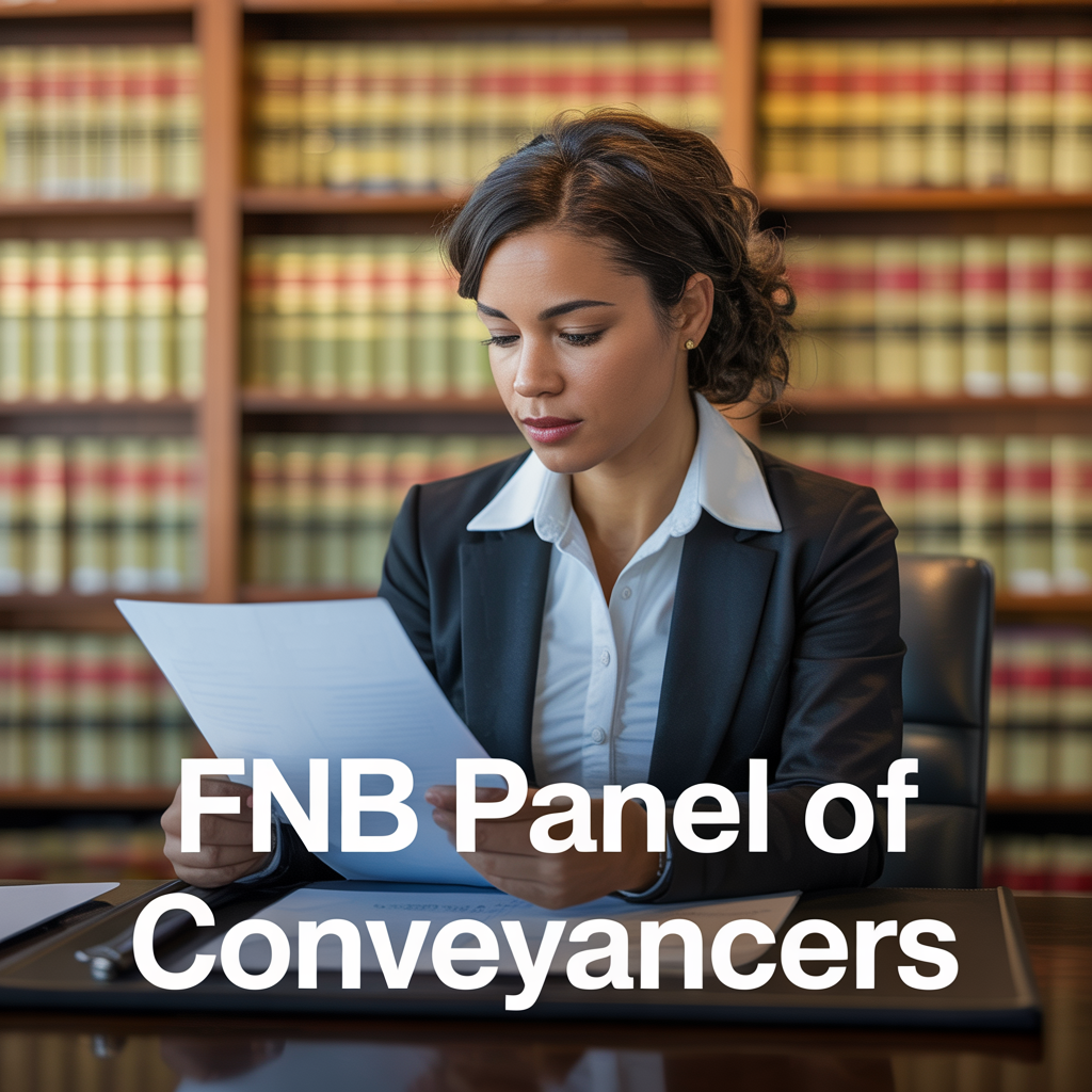 FNB Panel of Conveyancers text with lawyer sitting at a desk