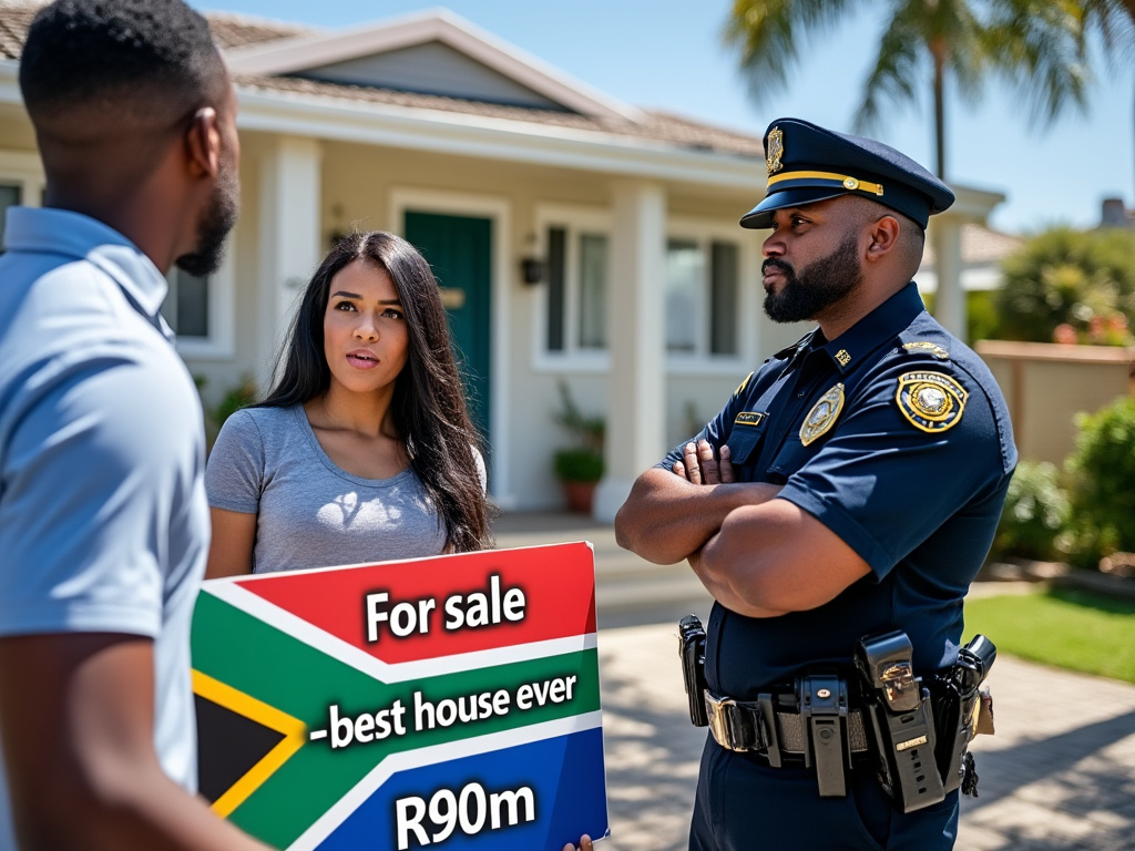 Estate agent standing in front of house which is for sale, confronted by policemen, symbolising the checks which need to be carried out over an agent's credentials
