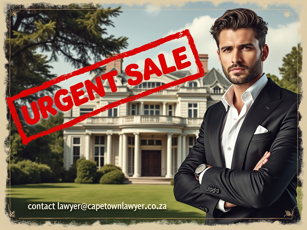Mansion marked URGENT SALE with attorney standing