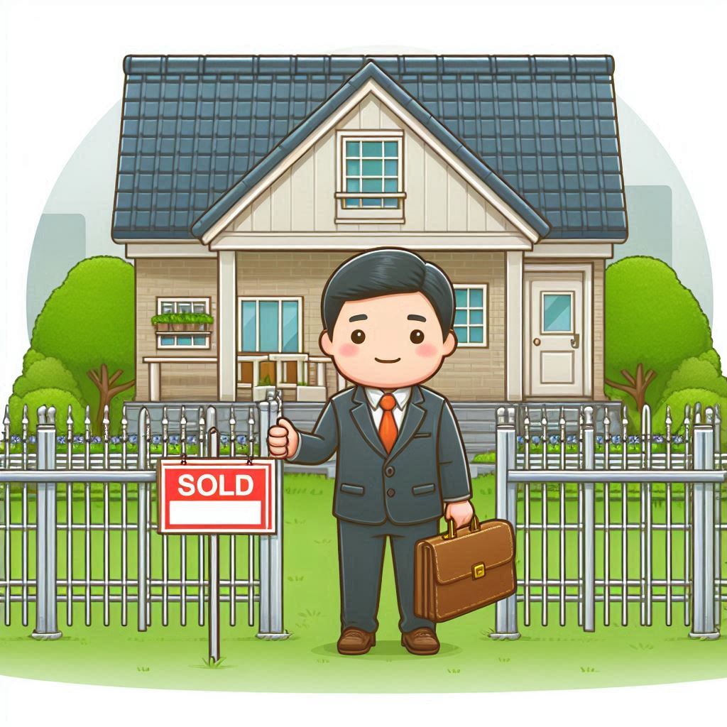 Drawing of lawyer standing in front of house with sold sign