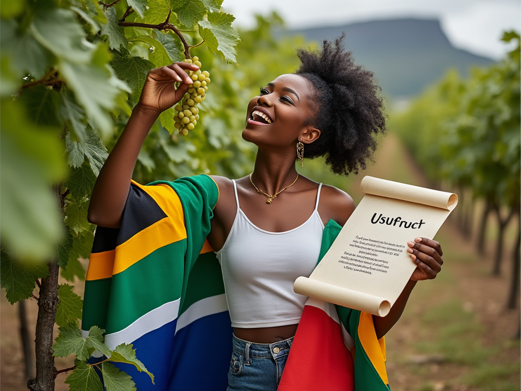 Lady picking grapes on a farm whilst holding a legal document setting out he right of usufruct. She is wearing clothes with a South African flag