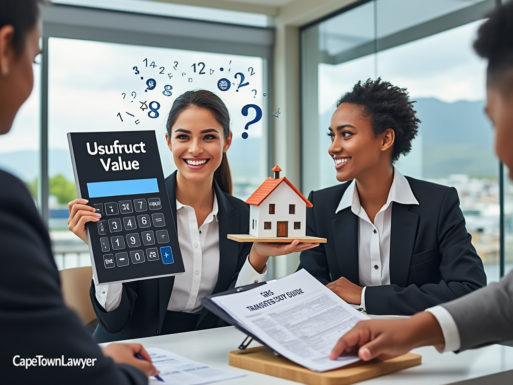 Property lawyer holding a calculator of usufruct values in one hand and a house in another, symbolising the property which is subject to the usufruct