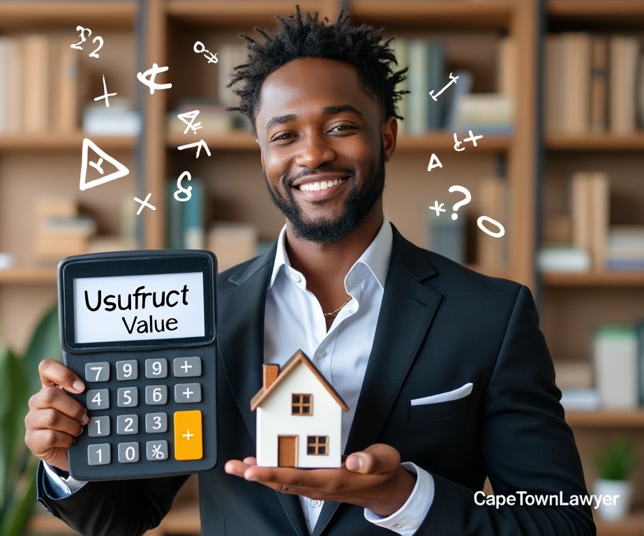Property lawyer holding a calculator which says on it Usufruct Value, CapeTownLawyer written at bottom, and a miniature house