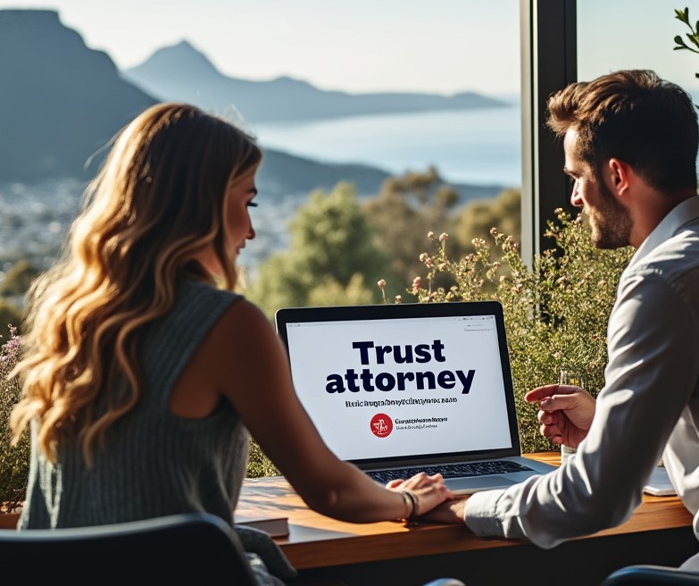 Couple holding hands whilst looking at a screen which says Trust attorney